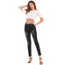 10Foreign trade women's high elastic slim hole jeans Amazon Women's medium waist large denim black pants #99115716