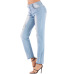 4Foreign trade women's high elastic slim hole jeans Amazon Women's medium waist large denim black pants #99115717
